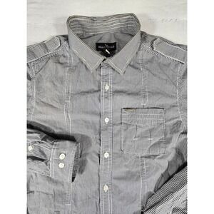 Marc Ecko Cut & Sew Mens Medium Gingham Button Up Shirt Navy Blue White Long Slv